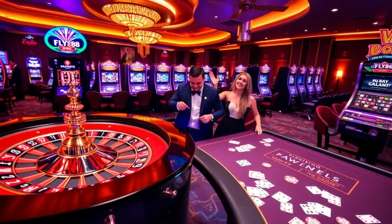 Experience thrilling gameplay at FLY88 with poker chips and a spinning roulette wheel.