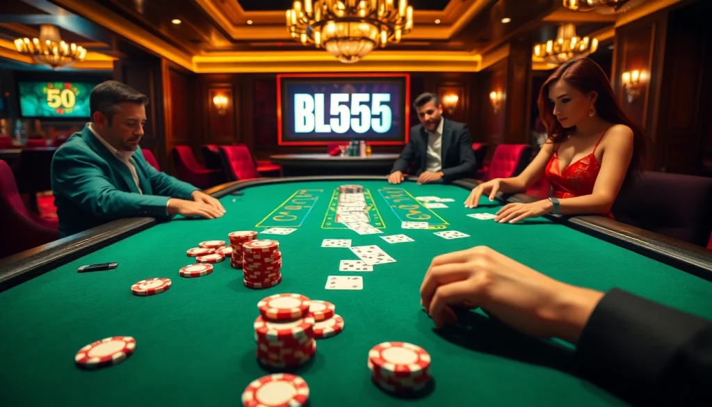 Players engage in a thrilling poker game at BL555, showcasing strategy and excitement in a luxurious casino setting.