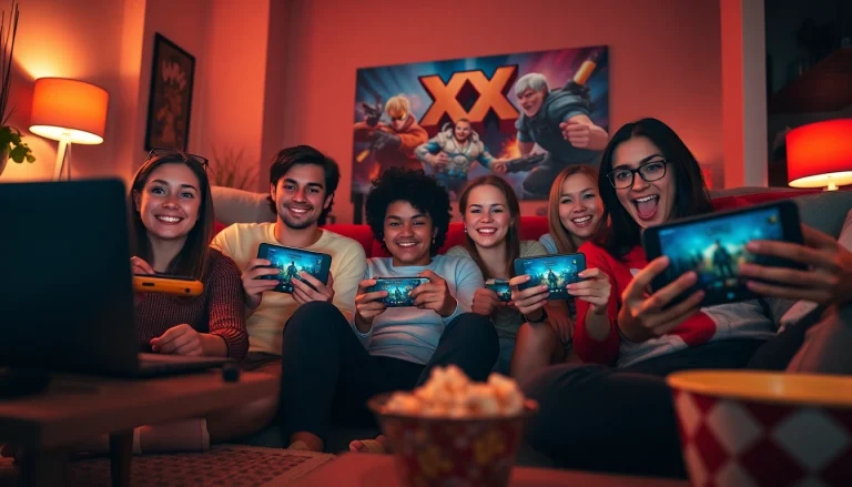 Engaging scene of players immersed in XXX games on various devices in a cozy setting.