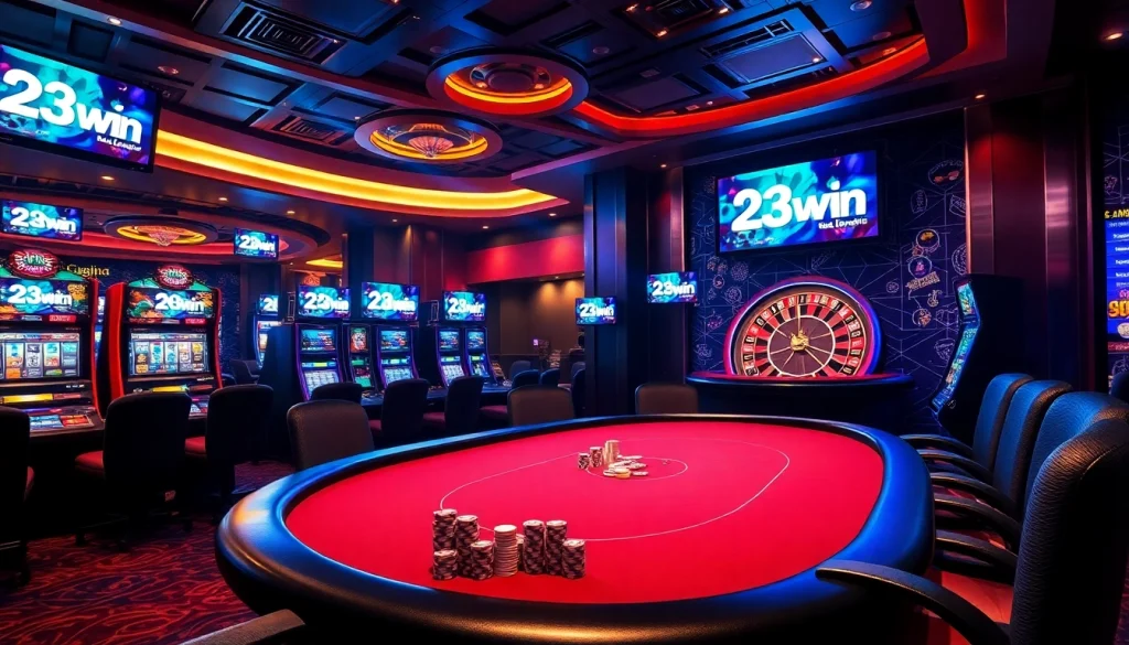 Players engaging at a vibrant casino table, showcasing 23win excitement in a luxurious setting.