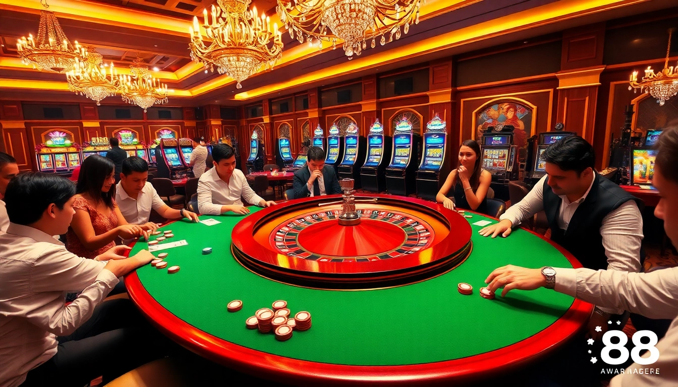 Experience the thrill of g88 gaming as players engage at a roulette table in a luxurious casino setting.