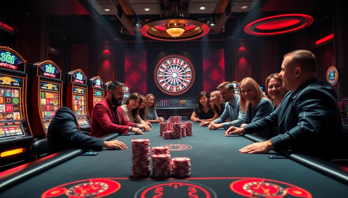 Experience high-stakes poker excitement at the vibrant 88i casino table surrounded by colorful slot machines.