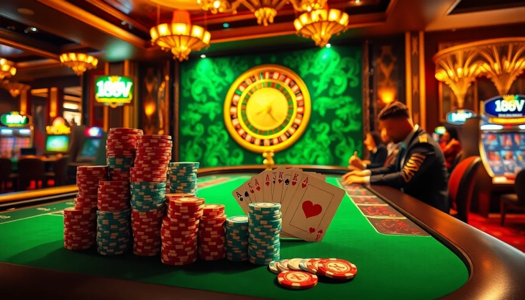 Experience high-stakes gaming excitement at 188V casino with vibrant poker chips and thrilling roulette.