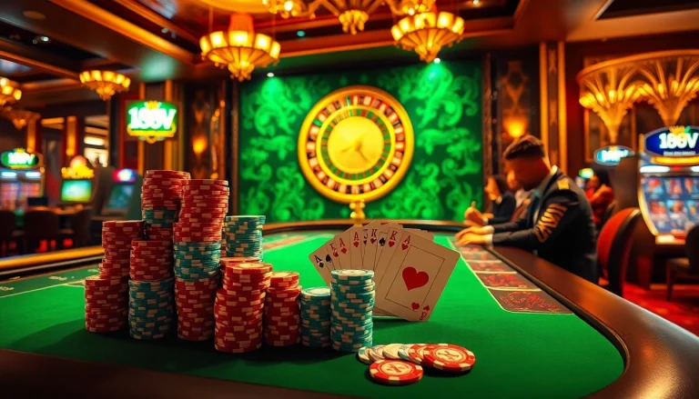 Experience high-stakes gaming excitement at 188V casino with vibrant poker chips and thrilling roulette.