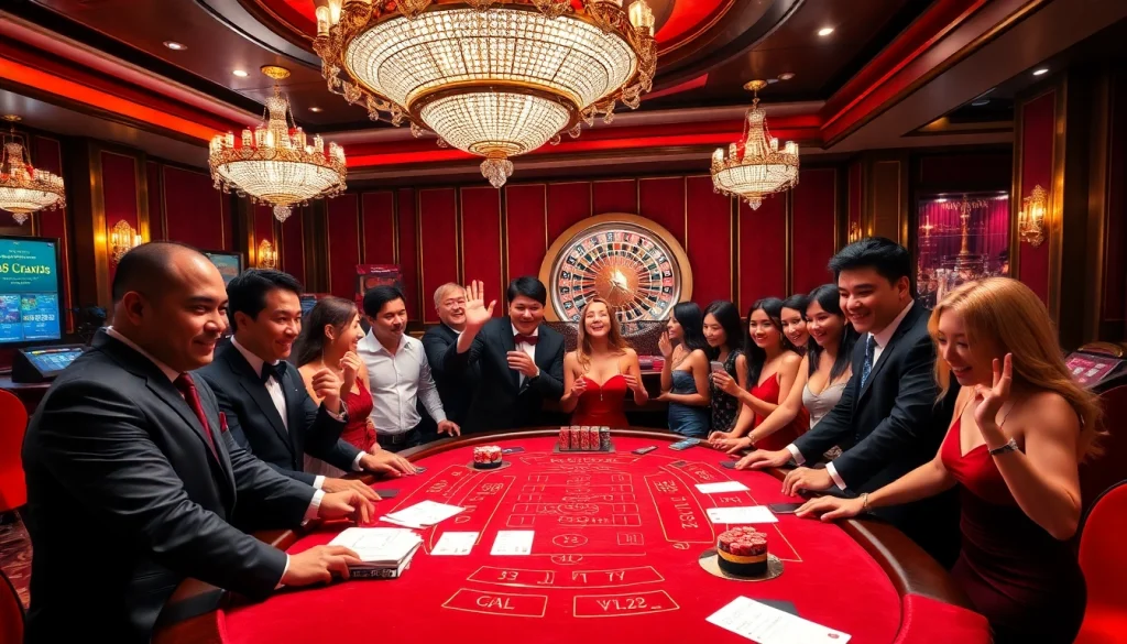 Engaged players experiencing thrilling baccarat action at SV388's luxurious casino, showcasing excitement and strategy.