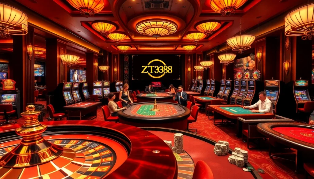 Experience the thrill of gambling at ZT9398, with players at vibrant casino tables.