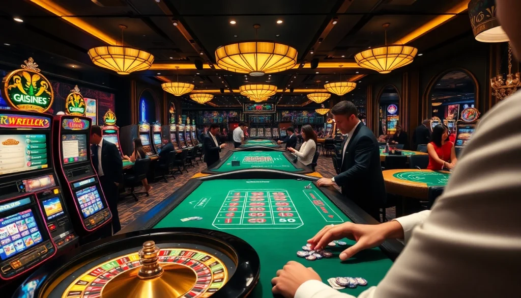Experience the excitement of KJC with professional croupiers, slot machines, and poker tables in a luxurious casino setting.