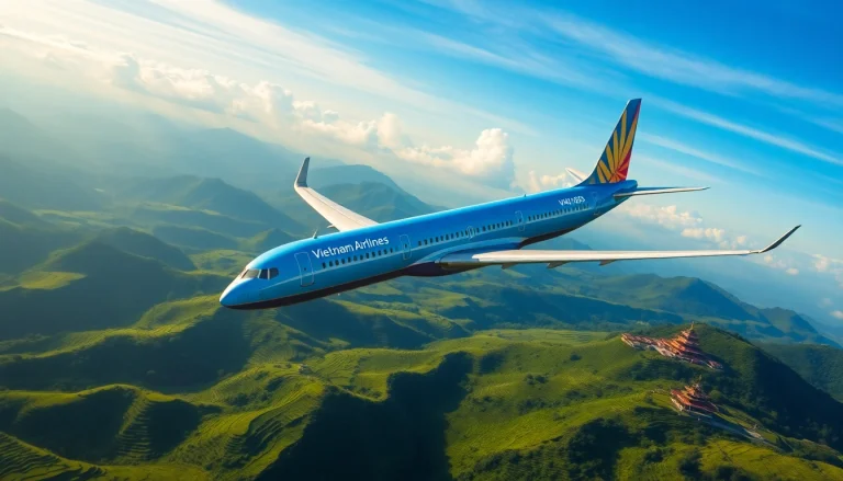VN168 flight soaring above Vietnam's scenic landscapes, showcasing travel adventure.