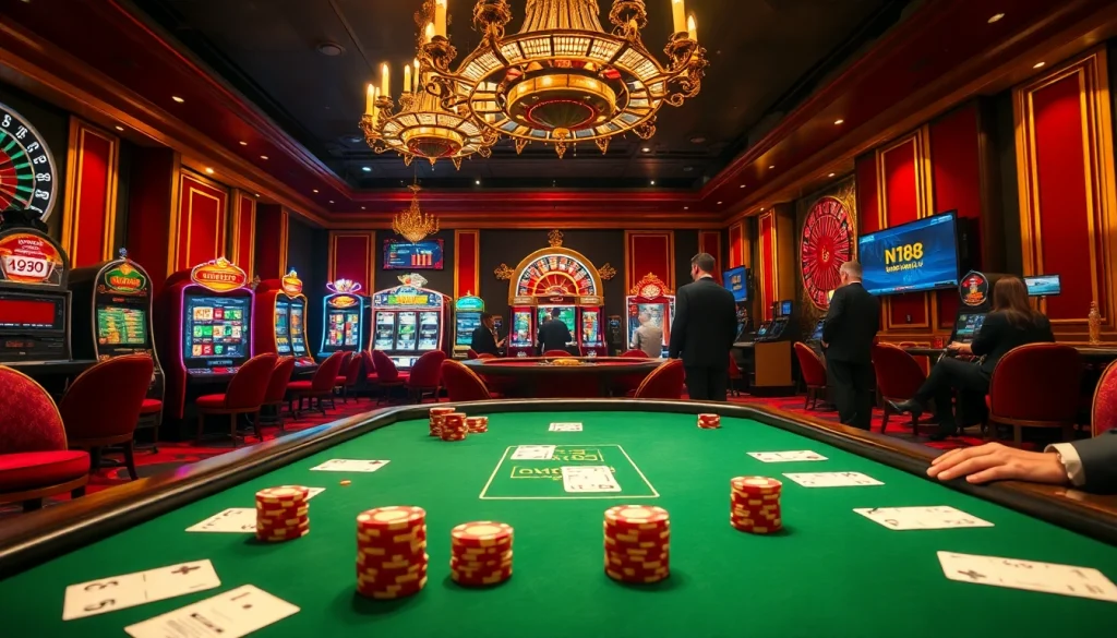 N188 poker table with players, vibrant casino ambiance, luxurious gaming atmosphere