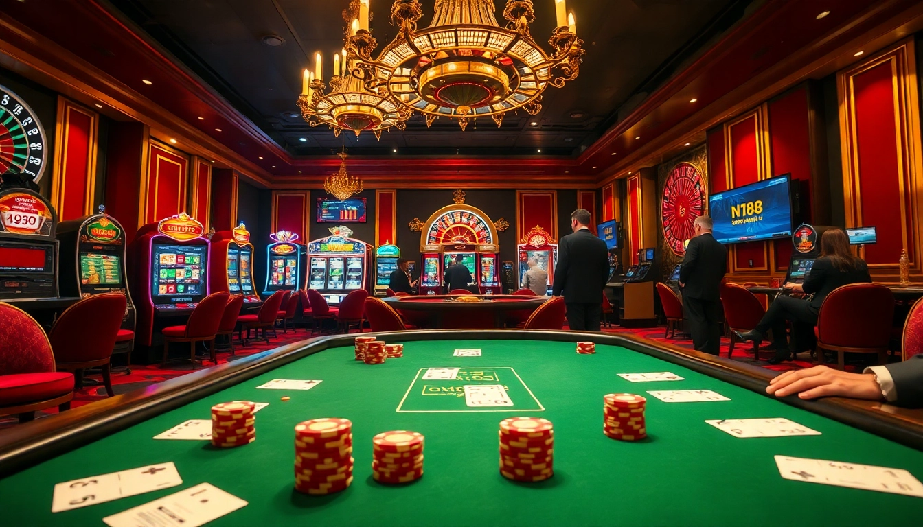 N188 poker table with players, vibrant casino ambiance, luxurious gaming atmosphere