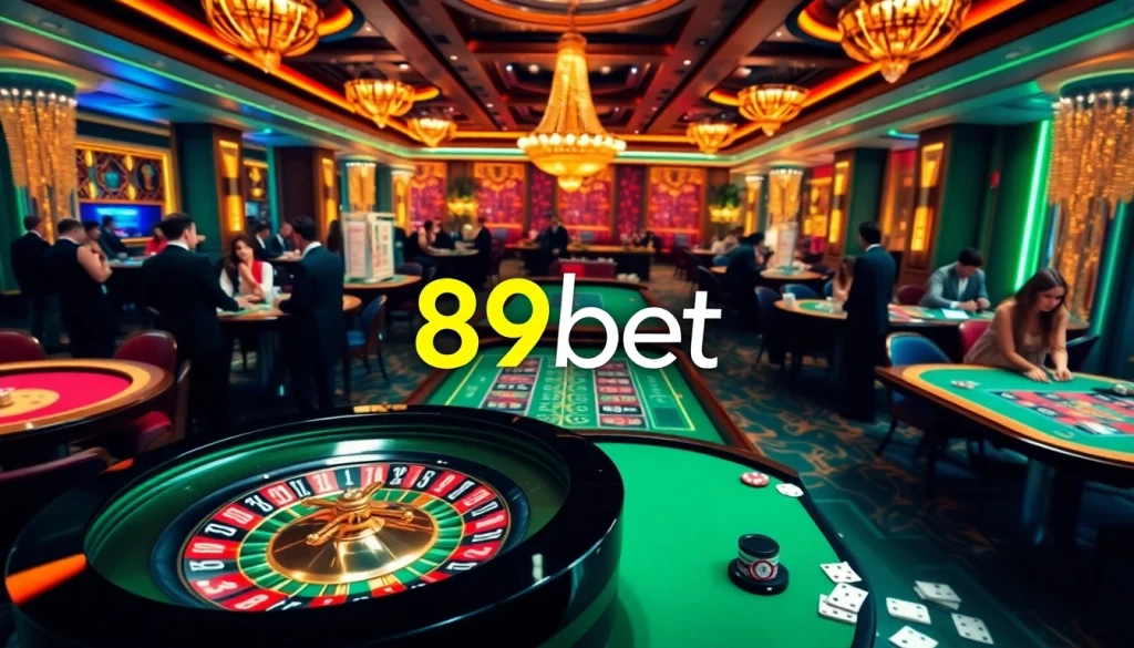 Experience the excitement of 89bet with an elegant casino atmosphere featuring roulette and poker tables.
