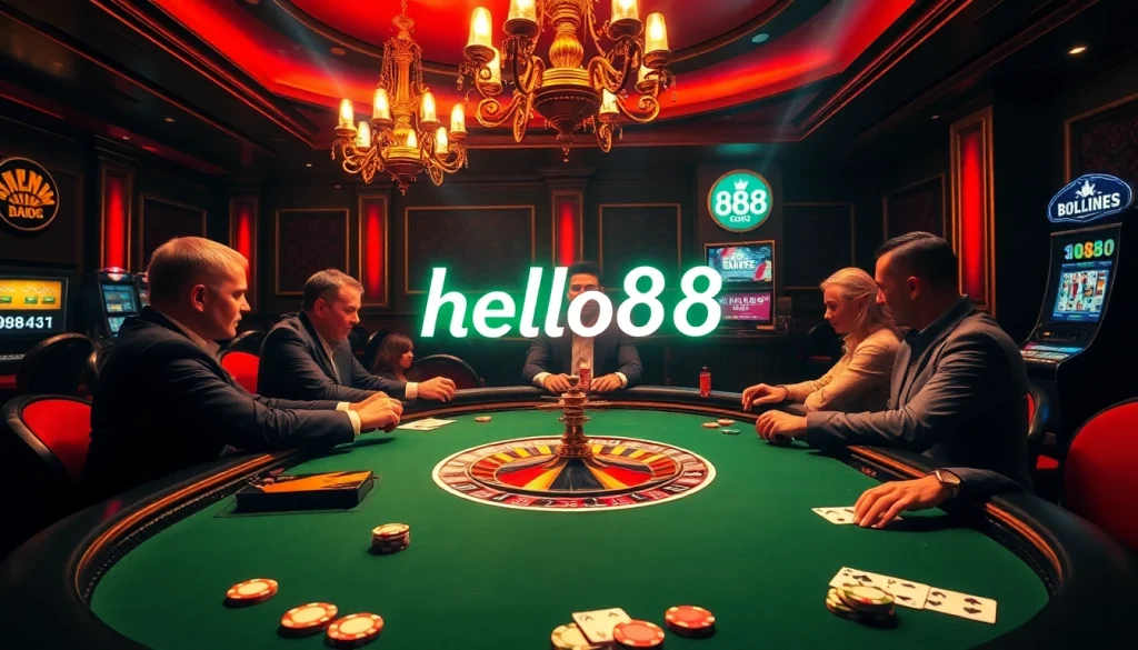 Hello88 casino scene showcasing poker action and exciting roulette gameplay.
