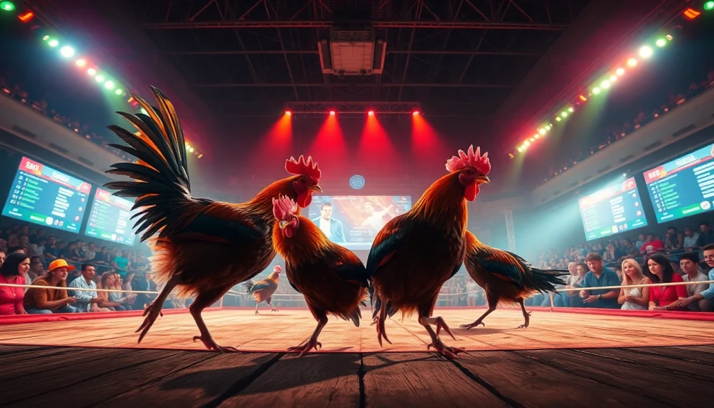 Experience thrilling live cockfighting at sv368win.live, capturing the intense atmosphere and vibrant colors of the event.