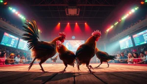 Experience thrilling live cockfighting at sv368win.live, capturing the intense atmosphere and vibrant colors of the event.