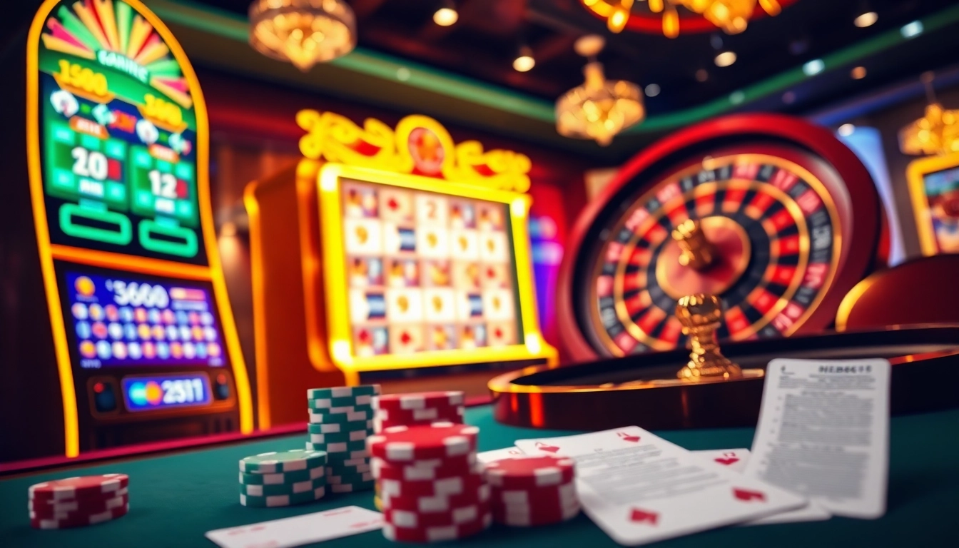 Players enjoy the excitement of HB88 at a vibrant casino with slot machines and roulette.