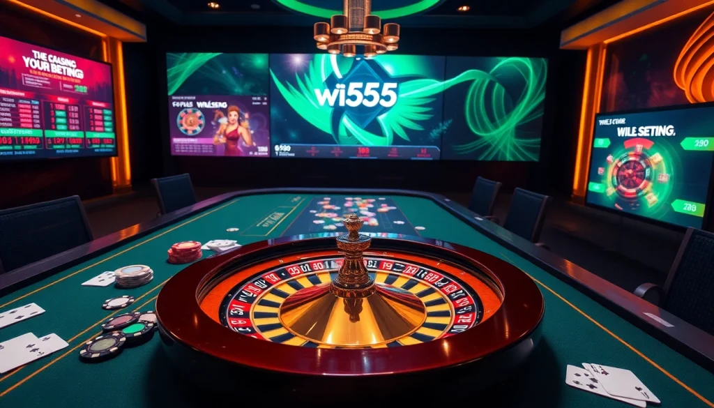 Win55 online casino scene with luxurious poker table, chips, and roulette wheel, radiating excitement.