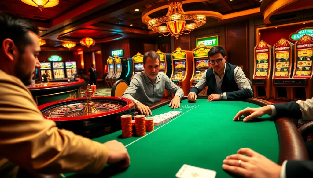 FEBET poker players engaged at a high-stakes table in a luxurious casino environment.