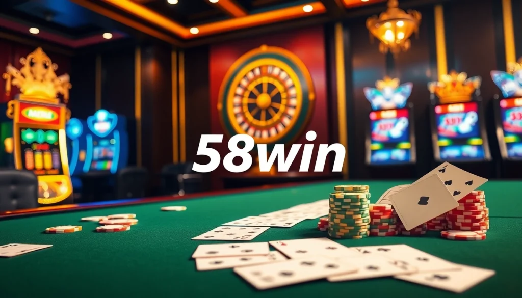 Excited players enjoying a game at the luxurious 58win casino table with cards and chips.