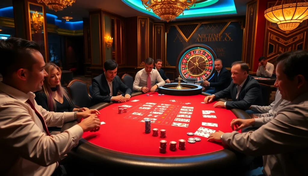 KJC casino scene showcasing an elegant poker table and vibrant roulette wheel.