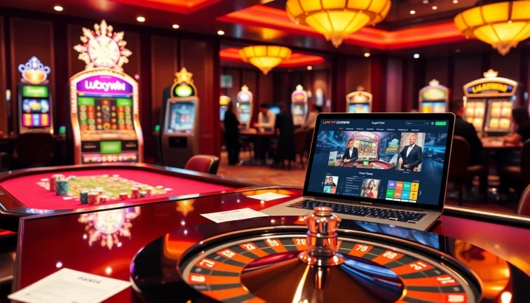 Experience the excitement of LUCKYWIN with colorful poker chips and roulette tables in a vibrant online casino.