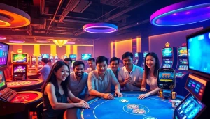 Experience the excitement of vvvwin88.live with players enjoying virtual casino games in a vibrant atmosphere.