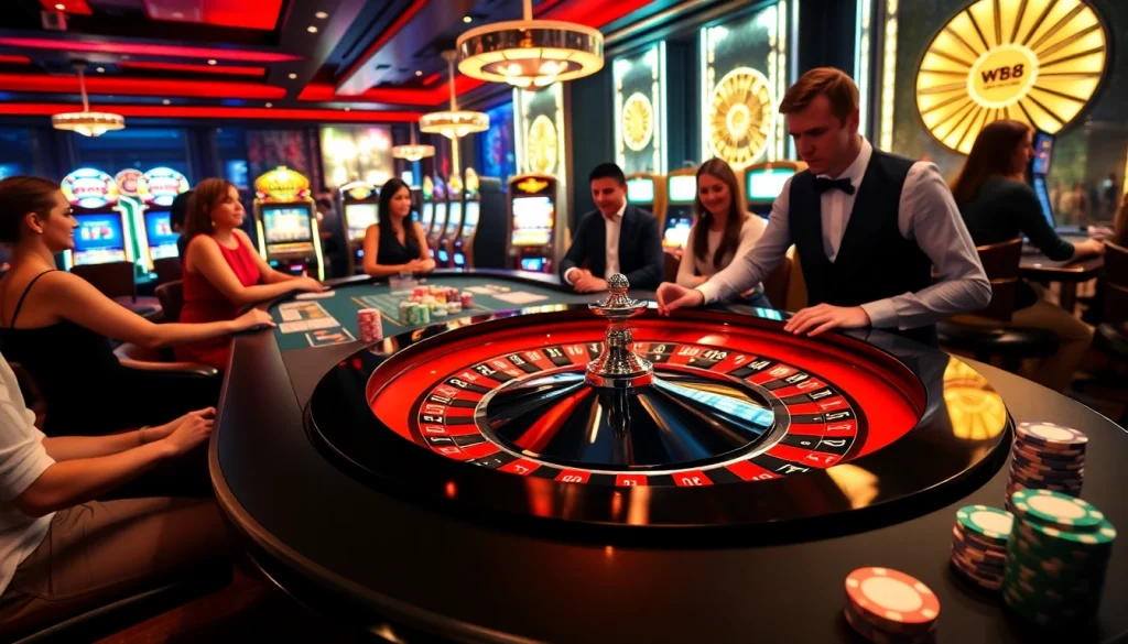 Experience the luxury of gambling with WW88, featuring a vibrant casino scene of players at a roulette table.