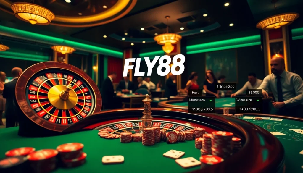 Experience the thrill of FLY88 at a luxurious casino with poker tables and roulette wheels.