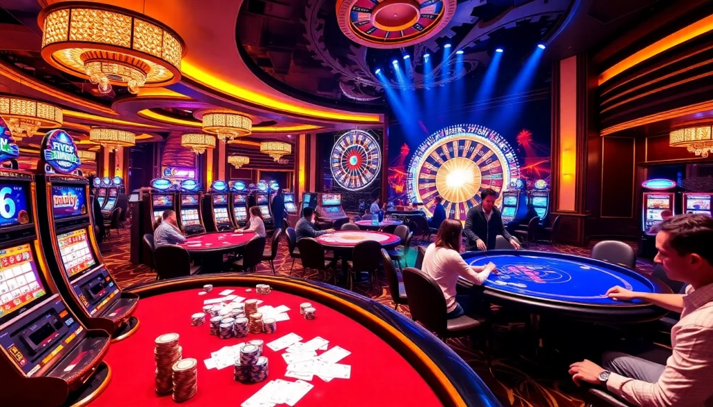 Players enjoying poker and blackjack at luxurious casino tables on fly88fly.com.