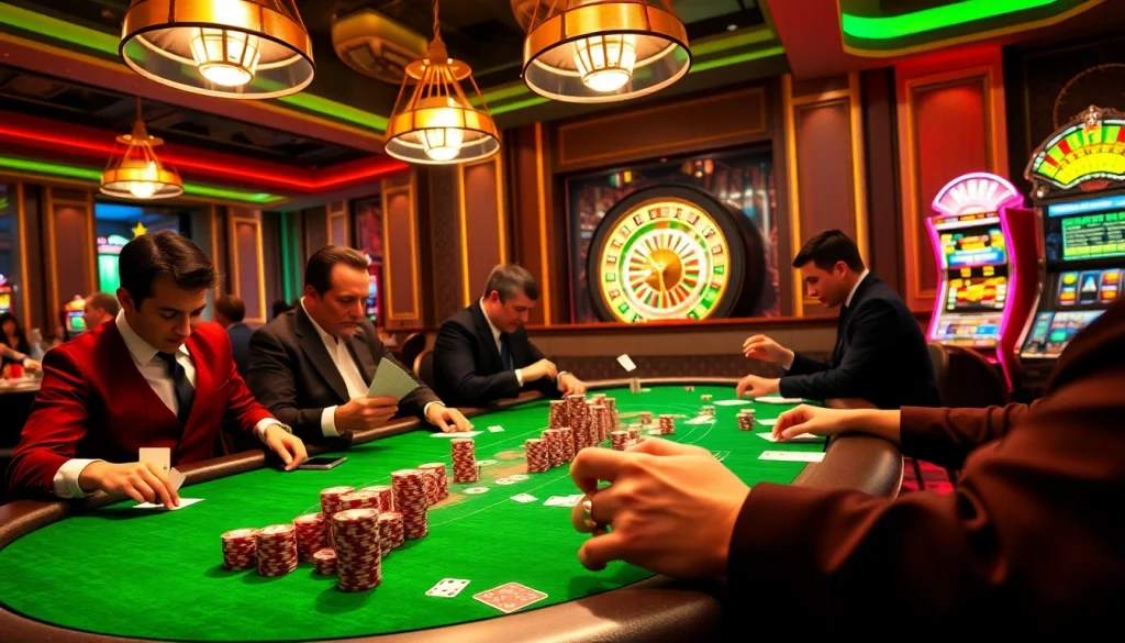 Kp88 casino gameplay with vibrant poker table, chips, and cards in action, capturing excitement.