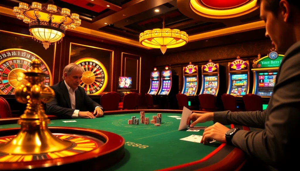 Experience thrilling gameplay at EE88's upscale casino, featuring poker tables and roulette wheels.