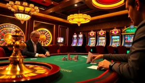 Experience thrilling gameplay at EE88's upscale casino, featuring poker tables and roulette wheels.