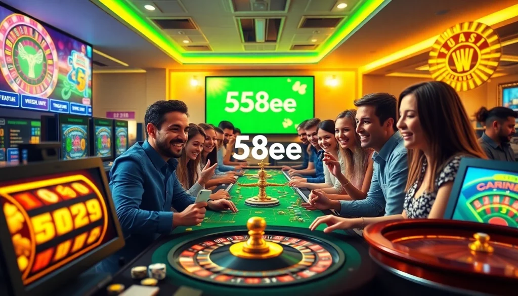 Exciting gameplay on 58ee showcasing diverse players enjoying slots and poker in a vibrant, modern online casino.
