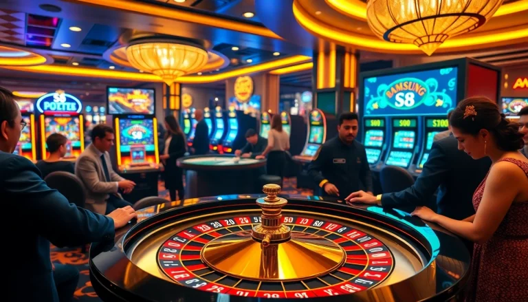 Experience the thrill of S8 gaming at a luxurious casino with vibrant roulette tables and excited players.