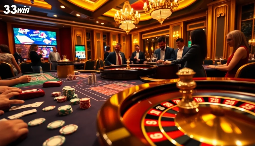 Exciting casino gaming action featuring poker chips and 33win logo in a luxurious setting.