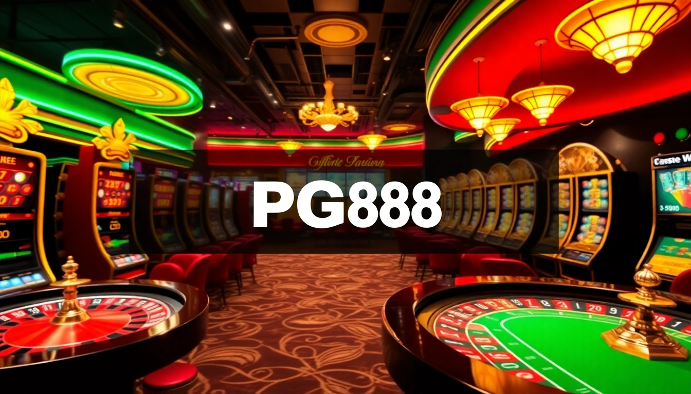 An exhilarating casino scene showcasing PG88 with lively slot machines, roulette wheels, and poker tables for engaging online gaming.