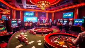 Engaging scene showcasing OK365 online gambling with poker chips and vibrant gaming tables.