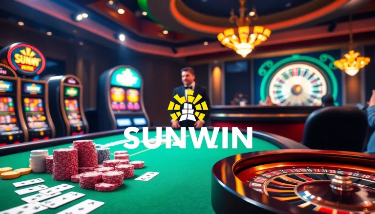 Experience luxury gaming at SUNWIN's vibrant casino table filled with poker chips and classic slot machines.