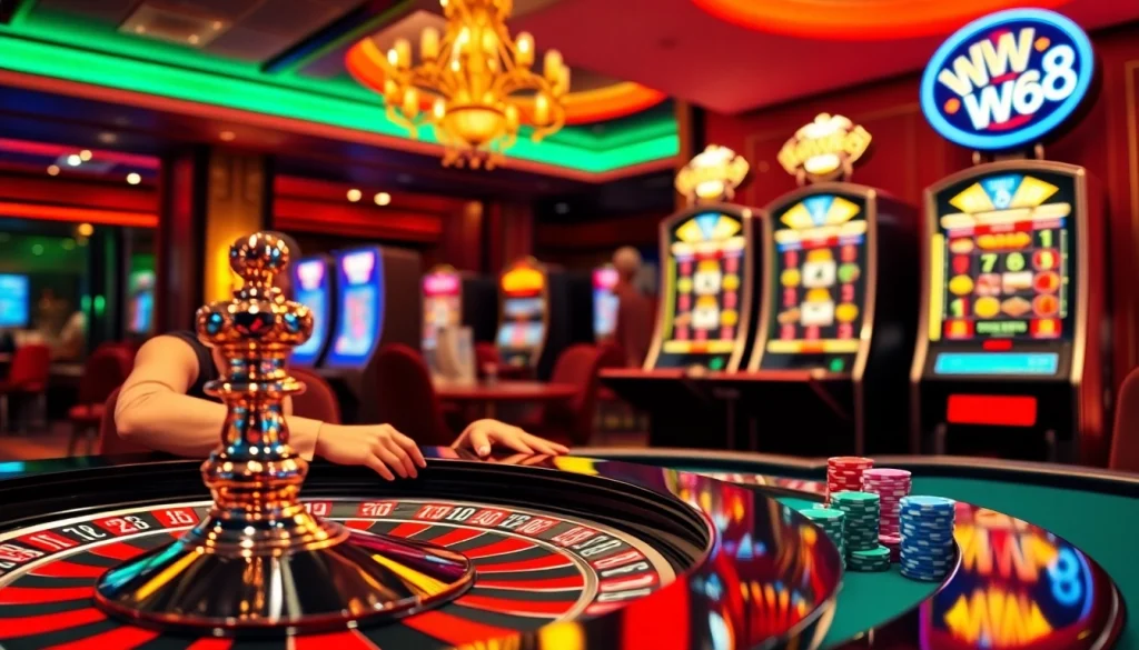 Engaging scene of online gambling with WW88 branding, featuring a roulette wheel and poker chips.