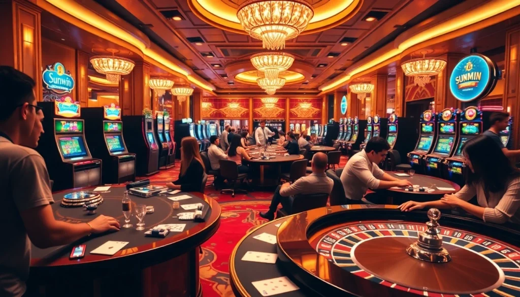 Players enjoying thrilling games at a sunwin casino, with poker chips and cards enhancing the excitement.