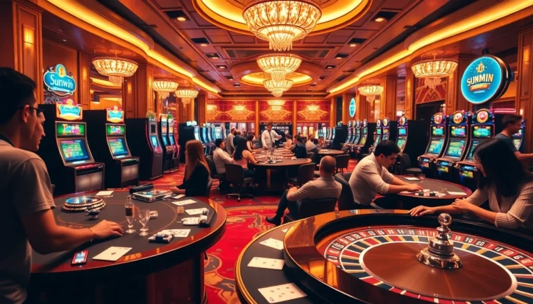 Players enjoying thrilling games at a sunwin casino, with poker chips and cards enhancing the excitement.