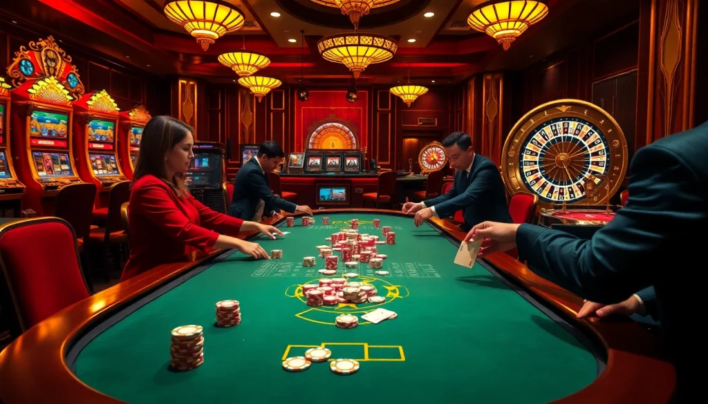 Exciting and luxurious casino scene featuring poker players and vibrant slot machines, highlighting trang chủ 33win.