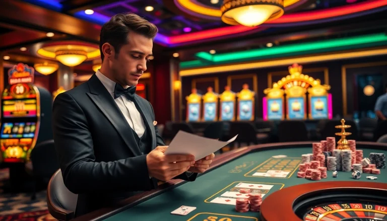 Player analyzing a bet at a casino table while surrounded by DA88-themed decor and action.