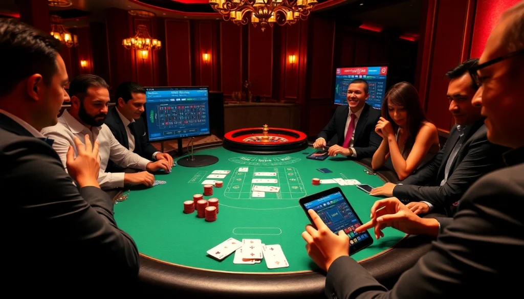 Engaged players at a high-stakes poker game with online betting through https://www.ok8386a.org/ in a luxurious casino.