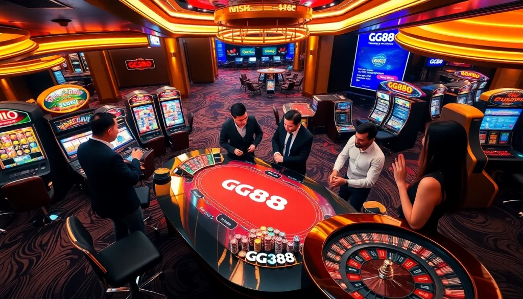 Engaged players enjoying a GG88 casino experience with vibrant gaming tables and slot machines.