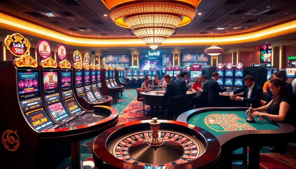 Exciting gaming action at LUCK8 casino, showcasing vibrant slot machines and a roulette wheel.