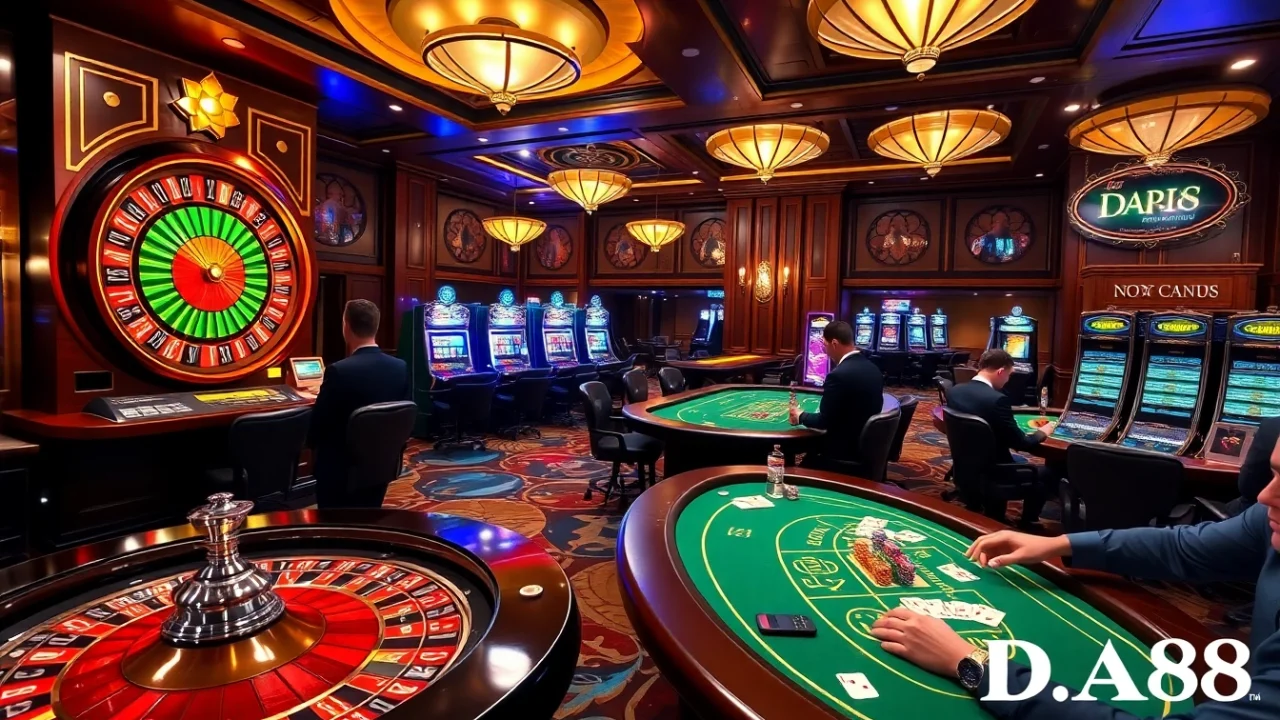 Engaged players enjoy a thrilling game of roulette and slots at a professional casino, featuring DA88 design elements.
