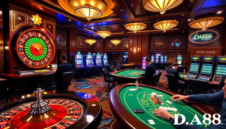Engaged players enjoy a thrilling game of roulette and slots at a professional casino, featuring DA88 design elements.