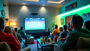 CakhiaTV: Excited football fans enjoying a live match in a modern living room setting.