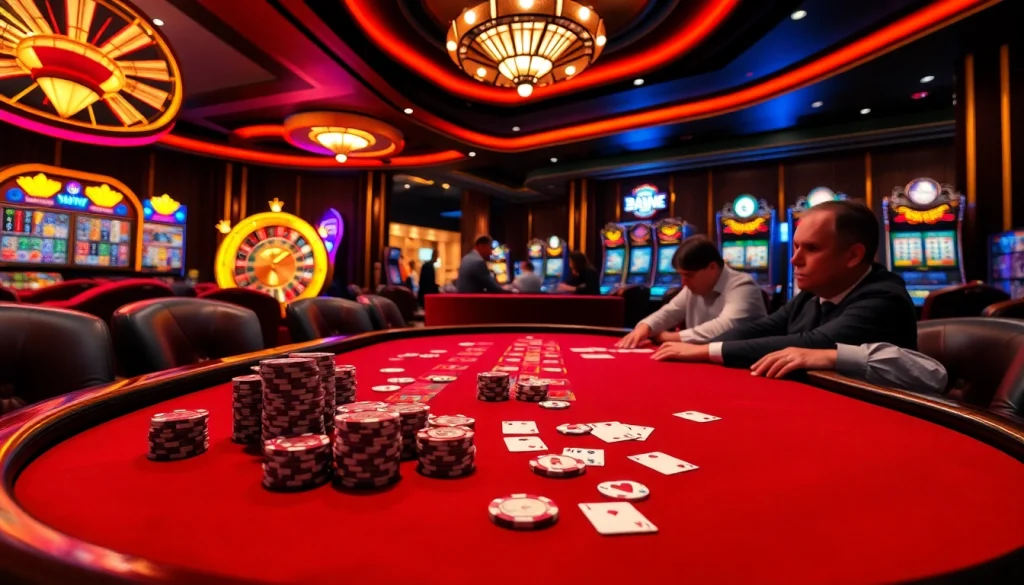 Experience intense poker action at SUNWIN's luxurious casino table with vibrant chips and cards.