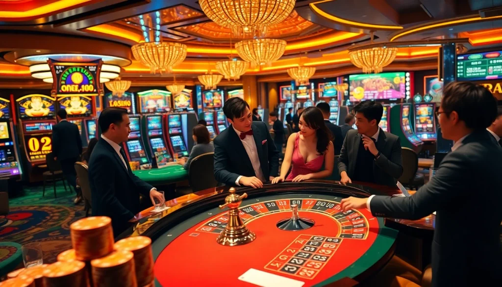 Experience the excitement of ONE88 with players enjoying high-stakes games in a luxurious casino setting.